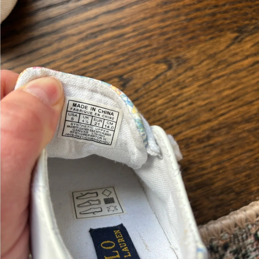 Polo by Ralph Lauren White Lace Sneakers with Flower Detail. Size 5.